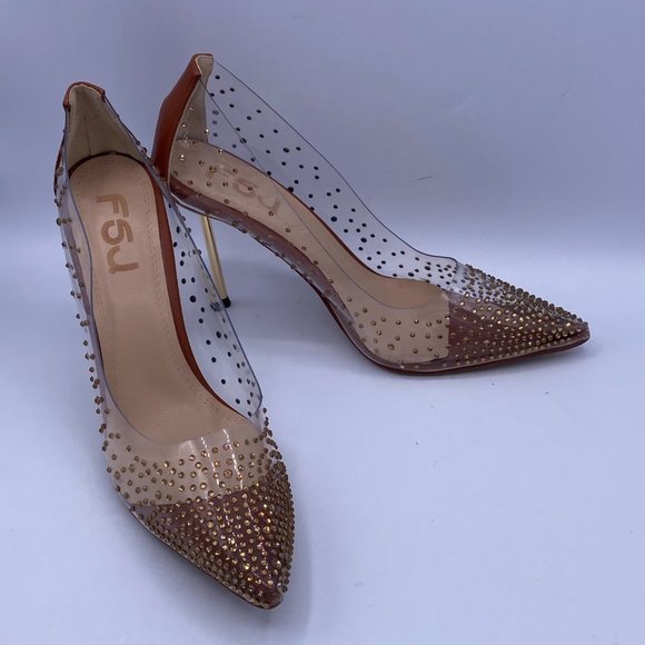 FSJ Studded Pointed Toe Transparent Pumps Heels - Picture 3 of 10